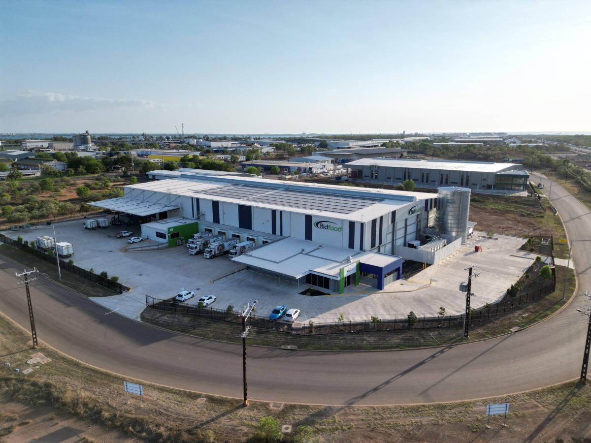 Aerial view of Bidfood distribution facility within Darwin Business Park, showing warehouse and logistics operations