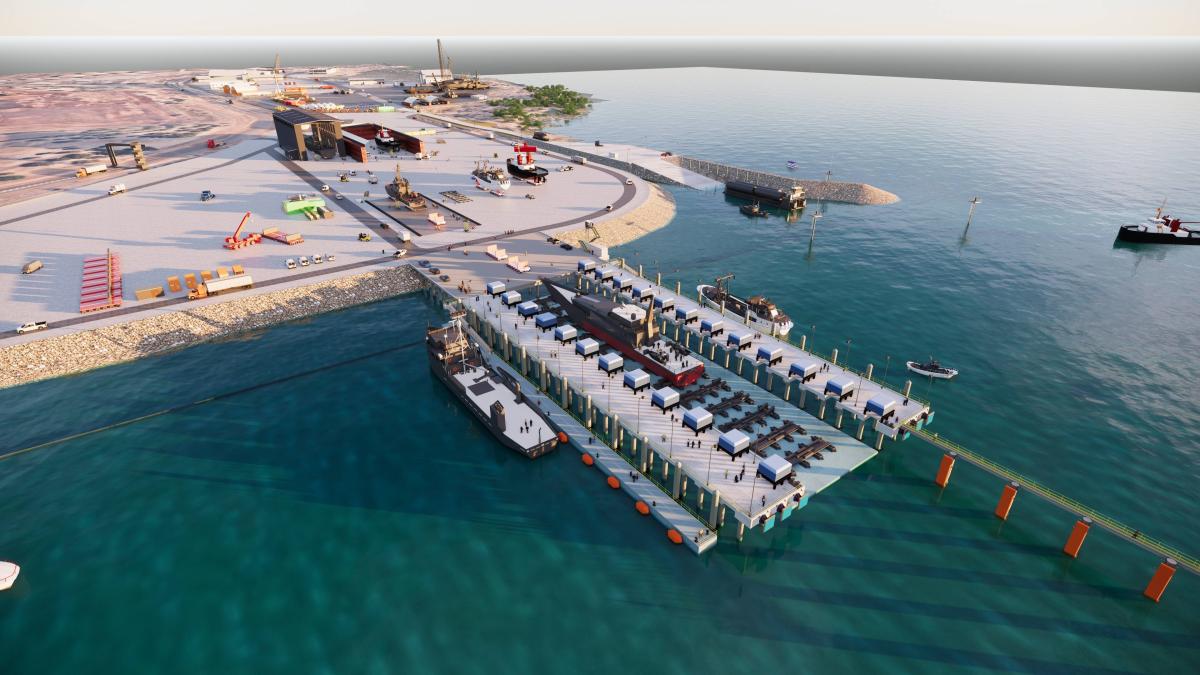 Alt text: Darwin Concept render of ship lift and wharf facilities at Marine Industry Park in Darwin