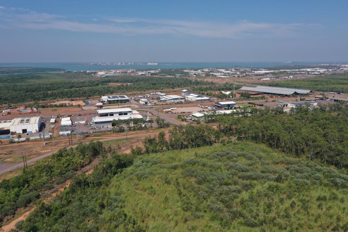 Aerial view showing Wishart Estate near East Arm logistics precinct, industrial facilities and port access